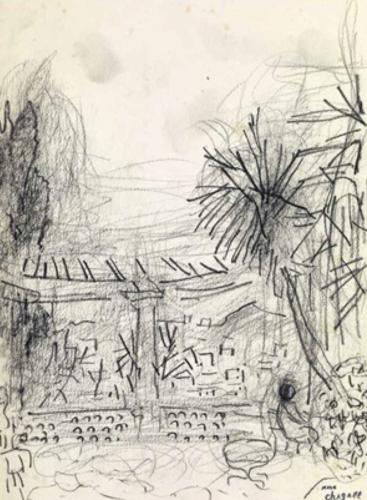 "Sur la terrasse du jardin de Tériade On:  The terrace of the garden of Tériade" by Marc Chagall